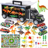 Dinosaur Truck Car Toys Transport Carrier with Dino Figures & Egg, Diecast Racing Car, Road Signs and Play Mat 37 PCS Vehicles Play Set for Children